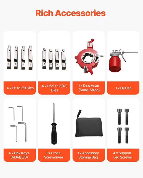 Rich accessories for Top Tier 900W Electric Pipe Threader Machine, including dies, screwdriver, oil can, and storage bag.