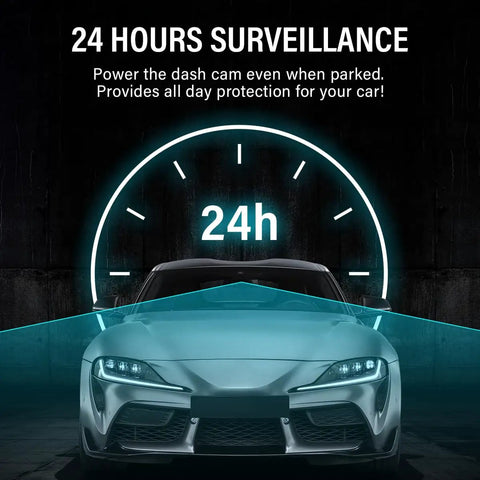 Car with graphic showing 24-hour surveillance powered by Hard Wire Kit For Dash Cams N5 N5 Pro N6 N7 C3 Pro C4 Pro Q7 N9