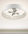 4 Light Brushed Nickel Semi Flush Mount Ceiling Fixture With Off White Fabric Hardback Shade, Venlo Collection view from below