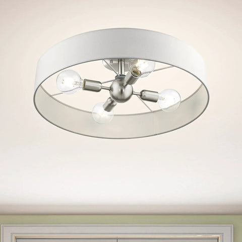 4 Light Brushed Nickel Semi Flush Mount Ceiling Fixture With Off White Fabric Hardback Shade, Venlo Collection view from below
