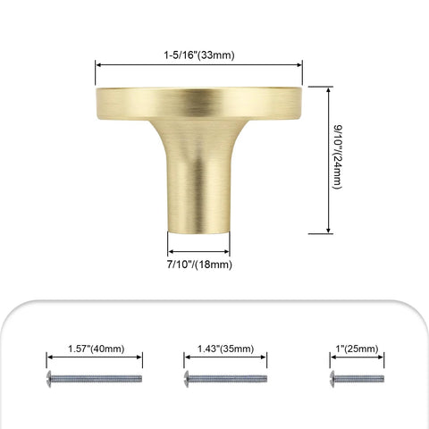 Gold cabinet knob with dimensions for reference, 33mm width, shown with screws. 12 Pack White Cabinet Knobs For Kitchen Cabinets And Dresser Drawers Drawer Pulls Easy Install Replacement Hardware Durable Smooth Finish Premium Quality Knobs For Home Renovation For Home Improvement.