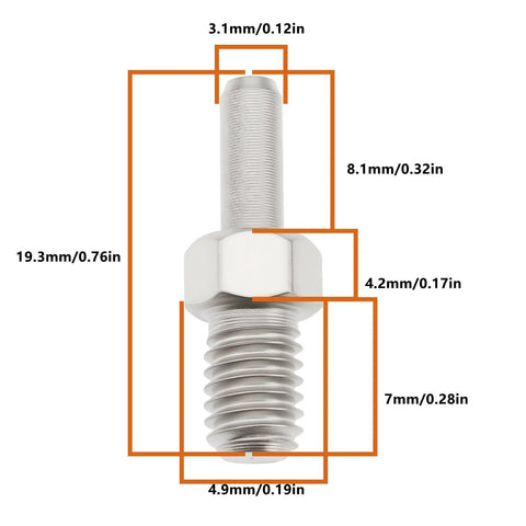 Close-up of 12 Pack M5 Bicycle Chain Breaker Replacement Pin 4.9x3.1x19.3mm with dimensions labeled