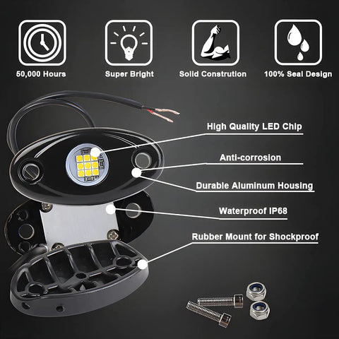 Four Pod LED Rock Lights Kit For Trucks And Off Road Rigs IP67 Waterproof Underbody Glow Lighting features and components