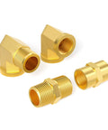 Brass 8-piece set of 1/4 in NPT air hose fittings: hex nipples, hex couplings, and 90-degree street elbows