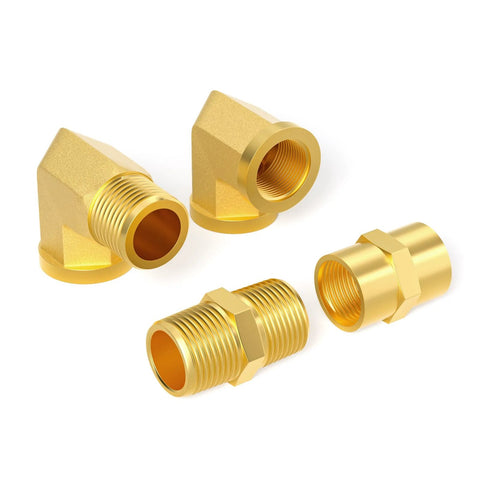 Brass 8-piece set of 1/4 in NPT air hose fittings: hex nipples, hex couplings, and 90-degree street elbows