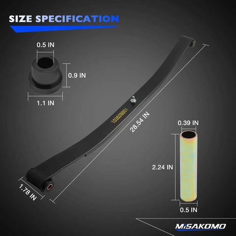 Heavy Duty Front Twin Leaf Springs For Golf Cart Suspension Upgrade With Massive Cargo Capacity And Tough Corrosion Resistant Steel Build For A Super Smooth Ride And Slick Neighborhood Cruising size specifications visible with measurements.