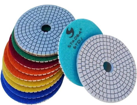Colorful set of four inch diamond polishing pads for Powerful Five Inch Wet Polisher Kit For Concrete Countertops And Stone Surfaces.