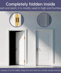 4 Pack 6 Inch Invisible Door Hinges For Concealed Doors Zinc Alloy 180 Degree Swing Adjustable 3 Way Butt Silent Door Hinge Gold Finish Perfect For Hidden Entrances And Slick Modern Interior Doors, installed view with open and closed doors, highlighting the hidden hinge in gold.