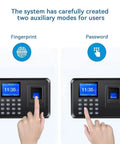 Top Shelf Fingerprint Time Clock For Small Business Crew Lightning Fast Biometric Check In System With Passcode Backup showing fingerprint and password modes.