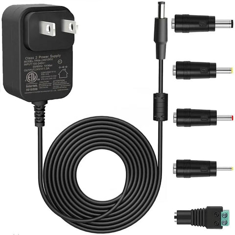 24V 1A Power Adapter Charger For LED Strips, Fish Tanks, Massage Guns And More, 100V-240VAC Input, with five DC connectors