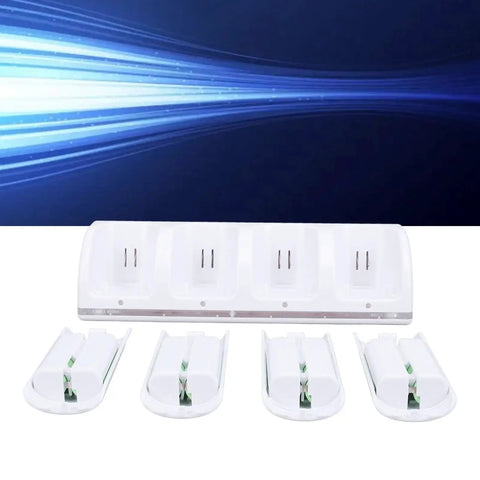 4 In 1 Remote Controller Charger Dock With 4x 2800mAh Batteries LED Display And 4.9ft USB Cable White ABS Build Charge Up To Four Controllers At Once For Gaming Consoles with four detached battery slots