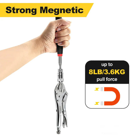 Hand holding Magnetic Telescoping Pickup Tool With Led Light 8 Lb Lifting Capacity Extendable From 7.7 To 32 Inches. Magnet symbol displays pull force.