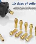Drill Chuck Collet Set For Dremel Tools, 10 brass collets in sizes 1/32 to 1/8 inch showcased, highlighting versatility for DIY projects