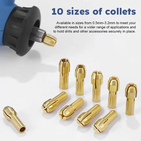 Must-Have All-In-One Drill Chuck Collet Set with 10 collet sizes for 1/32 to 1/8 inch shanks shown with rotary tool adapter.