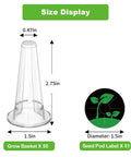 Size chart of 50 Pack Hydroponic Grow Baskets With 51 Seed Pod Labels, showing dimensions and components.
