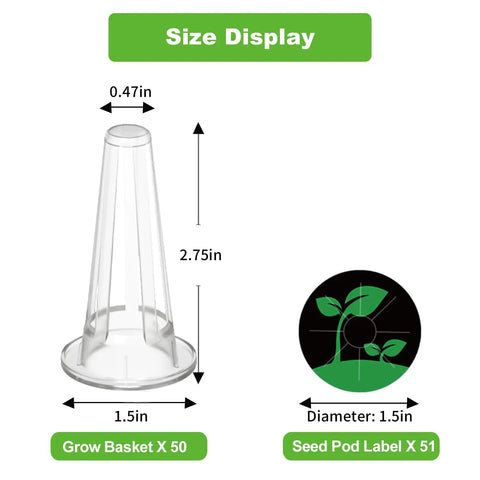 Size chart of 50 Pack Hydroponic Grow Baskets With 51 Seed Pod Labels, showing dimensions and components.