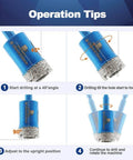 Front view of two blue 25mm diamond core drill bits with 1-inch hex shanks for dry drilling porcelain, ceramic, stone.