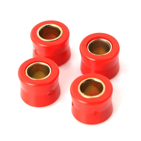 Built Tough Four Piece Rear Shock Absorbing Suspension Bushings Kit 10mm Rubber Vibration Dampeners In Fiery Red components displayed in a group.