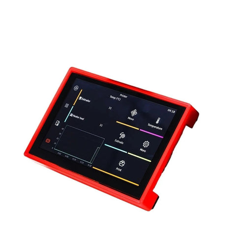 Next Gen CoreXY 3D Printer Kit control screen in a red case showing temperature and printer settings.