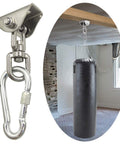Heavy Duty 1000 Lb Hanging Hardware Kit With 360 Degree Rotating Hooks For Swing Yoga Gym Playground And Punching Bags Ultra Durable Stainless Steel Mounting Kit With Easy Bolt Screw Installation shows mounting hook and punching bag setup