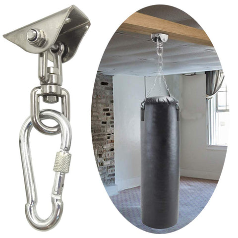 Heavy Duty 1000 Lb Hanging Hardware Kit With 360 Degree Rotating Hooks For Swing Yoga Gym Playground And Punching Bags Ultra Durable Stainless Steel Mounting Kit With Easy Bolt Screw Installation shows mounting hook and punching bag setup