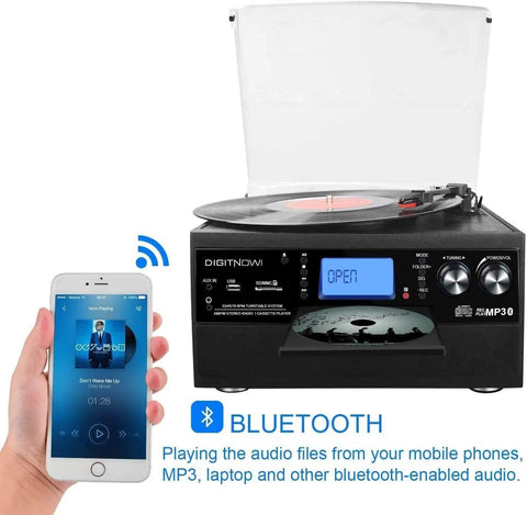 DigitaNow Nine In One Turntable With Speakers 3 Speed Records Player Cd Cassette Radio Bluetooth Aux Usb And Sd Card Support For Vinyl Lovers Black Finish Vintage Style Home Audio System with Bluetooth functionality