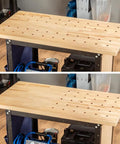 Workbench with evenly spaced dog holes using Spaced Dog Hole Router Template for precise holes, woodworking setup