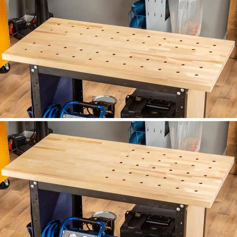 Workbench with evenly spaced dog holes using Spaced Dog Hole Router Template for precise holes, woodworking setup