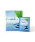 Cliradex Advanced Eyelid Cleansing Wipes box and blue sachet with green leaf design