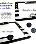 American Flag Aluminum License Plate Frame With Anti Rattle Foam Pad And Screws For Cars And Trucks Front Or Rear Tag Holder Built Tough Weatherproof Rust Resistant Thin Blue Line Black And White Stripes with chrome and black screw caps shown