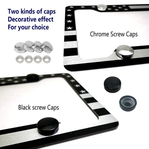 American Flag Aluminum License Plate Frame With Anti Rattle Foam Pad And Screws For Cars And Trucks Front Or Rear Tag Holder Built Tough Weatherproof Rust Resistant Thin Blue Line Black And White Stripes with chrome and black screw caps shown