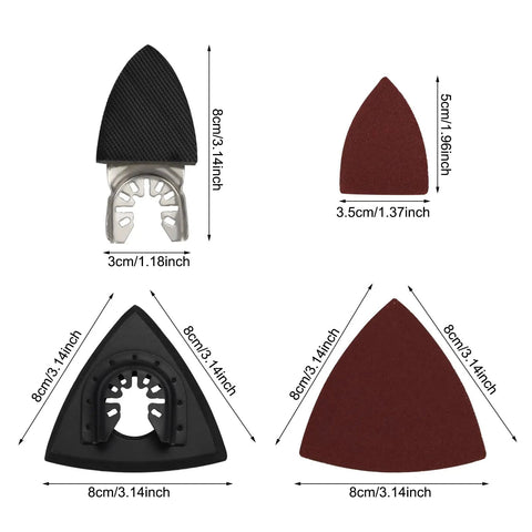 Beefy Heavy Duty Oscillating Tool Sanding Pads Kit with Carbon Steel Backing, featuring triangle and fingertip pads, dimensions visible
