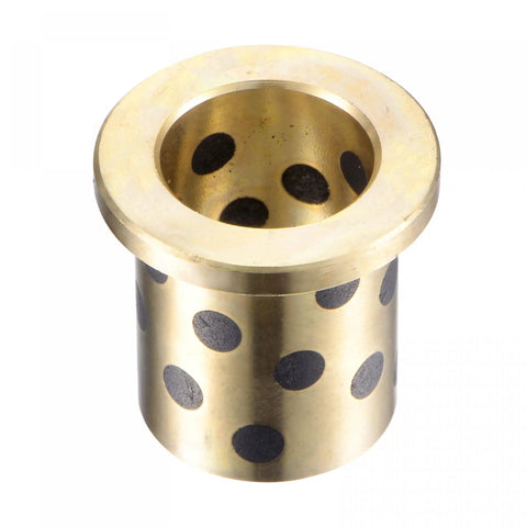 Rock Solid Flanged Sleeve Bearings At 16mm Bore With 20mm Od Measuring 25mm Long showing brass bushing with black dots.