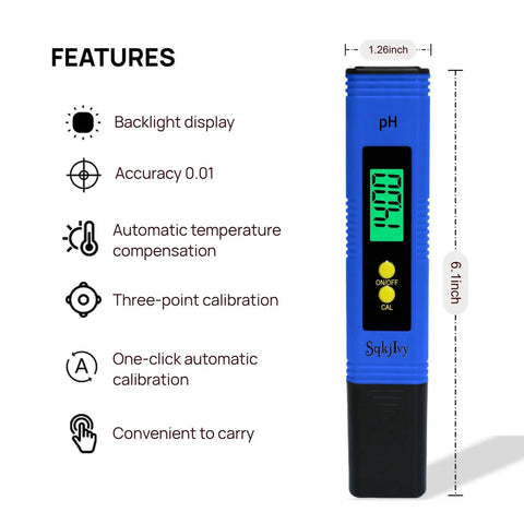 On The Go Pocket pH Meter For Water And Hydroponics High Accuracy Digital Tester Pen with features and dimensions listed