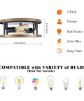 Diagram of 2 Pack Farmhouse Retro Ceiling Light Fixtures With E26 Base, wood grain black, dimensions and compatible bulbs shown
