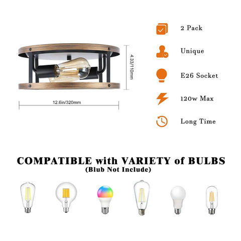 Diagram of 2 Pack Farmhouse Retro Ceiling Light Fixtures With E26 Base, wood grain black, dimensions and compatible bulbs shown