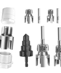 3Pcs PVC Pipe Threader Tool Kit For 1/2 And 3/4 Inch Plastic Pipes With Dual Function Internal External Tapping And Threading Capability Includes Step Drill Bit For Electric Drilling Projects And Diy Plumbing Repairs, showing various pipe threader and drill bit tools.