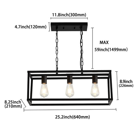 Rectangle Black 3 Light Pendant Light For Kitchen Island And Dining Room Sleek Contemporary Linear Cage Fixture With Farmhouse Vibe Ceiling Mount Adjustable Stem Easy Install Modern Hanging Lighting