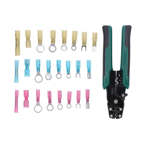 Self Adjusting Ratchet Ferrule Crimping Tool Kit For AWG 22 Through 10 Wire Includes 200 Insulated Heat Shrink Butt Connectors
