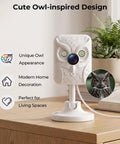 Crisp 2K Indoor Security Camera With Dual Band WiFi And Full Color Night Vision on a shelf in owl design, ideal for home decor.