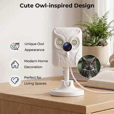 Keep Your Place Secure Hella Sharp 2K Indoor Camera With Full Color Night Vision And Dual Band Wifi For Pet Watching And Baby Monitoring With Two Way Audio And Motion Alerts on wooden table with plant in background.