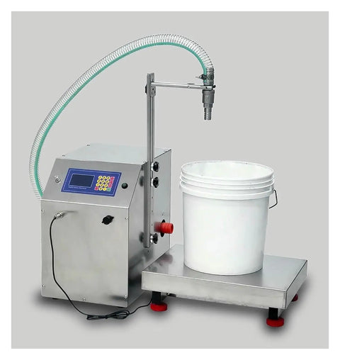Automatic Liquid Filling Machine With Digital Diaphragm Pump Control Precision Bottle Filler with white bucket and metal base.