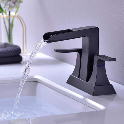 Two Handle 4 Inch Centerset Vanity Sink Faucet Matte Black With Overflow Pop Up Drain And cUPC Water Supply Lines Included