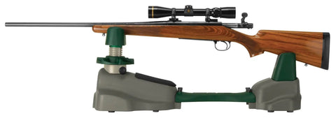 Side view of Steady Rest NXT Adjustable Ambidextrous Rifle Rest with rifle, showing soft cradles and neoprene support for stabilization.