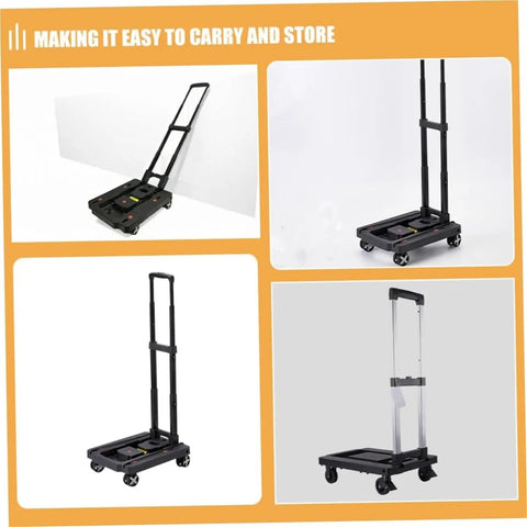 Rugged Portable Platform Cart With Folding Hand Truck For Travel And Everyday Hauling, Easy Push Cart Dolly, Durable Steel Build, Ergonomic Handle, Wide Use For Shopping Groceries Moving Boxes DIY Projects And Campus Runs, folded and upright views