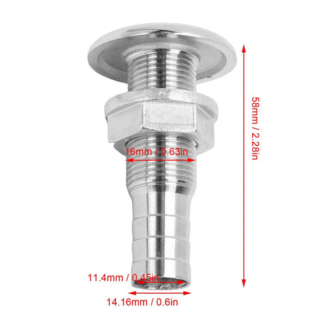 Stainless Steel Marine Thru Hull Fitting Beefy Boat Drain Connector For Bilge Drainage And Cooling System, side view
