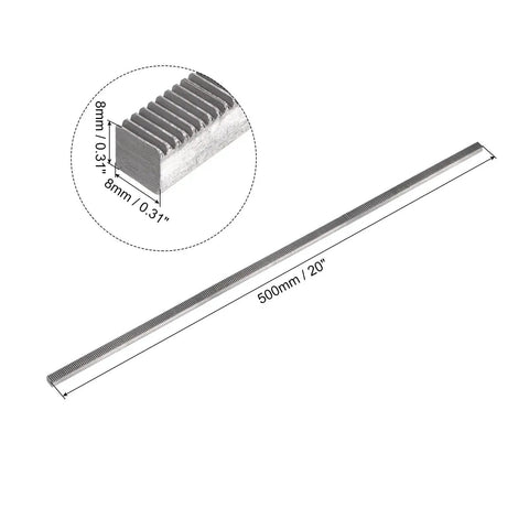 0.5 Mod 8mm By 8mm 500mm Carbon Steel Gear Rack For Motor Pinion Gear shown with size dimensions