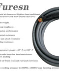 Lightweight Hybrid Air Compressor Hose One Quarter Inch By Thirty Feet With Flex Friendly Bend Restrictors And Thirteen Piece Accessory Kit For No Sweat Weekend Builds And 300 Psi Pneumatic Setup close-up of hybrid air hose with bend restrictors and brass fittings