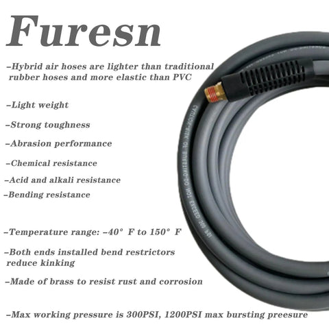 Lightweight Hybrid Air Compressor Hose One Quarter Inch By Thirty Feet With Flex Friendly Bend Restrictors And Thirteen Piece Accessory Kit For No Sweat Weekend Builds And 300 Psi Pneumatic Setup close-up of hybrid air hose with bend restrictors and brass fittings