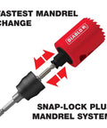 Pro Grade Carbide Teeth Hole Saw Set for Plumbers with SnapLock Mandrel System showing fastest mandrel change